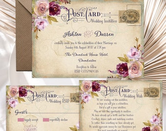 Printed Personalised Wedding Invitations, Floral Vintage Postcard, Mulberry & Blush Rose floral,Packs of 10