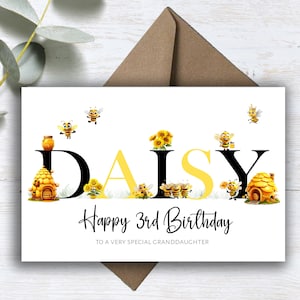 Carte d'anniversaire personnalisée imprimée pour tous les âges, abeilles mignonnes et miel, fils, fille, nièce, neveu, etc.