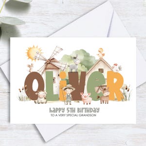 Carte d'anniversaire personnalisée imprimée pour tous les âges Animaux de la ferme mignons fils fille nièce neveu soeur petite-fille petit-fils