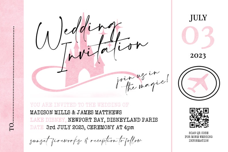 Printed Personalised Save the Dates, Wedding Invitations, Destination Disneyland Paris Ticket Style, Packs of 10 image 2