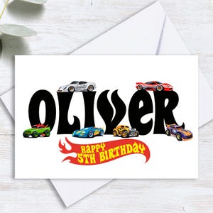 Carte d'anniversaire personnalisée imprimée pour tous les âges, voiture de course, petite voiture, fils, fille, frère, petit-fils, etc.