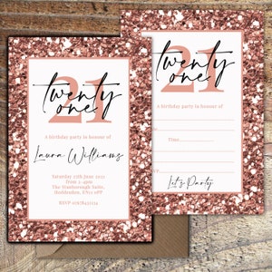 Printed 21st Birthday invitations,Rose Gold Glitter effect, Personalised or blank invites, pack of 10