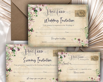 Printed Wedding Invitations,Vintage Postcard, Wild Flowers Greenery Botanical invitations, blank invites pack of 10