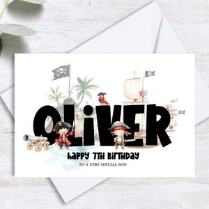 Carte d'anniversaire pirate personnalisée imprimée pour tous les âges, fils fille nièce, soeur petite-fille, petit-fils, etc.
