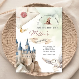 May include: A whimsical invitation with a watercolor design. The invitation features a castle, an owl, and the text "Calling all witches and wizards". It also includes the name "Millie's" and the date and time of the event.