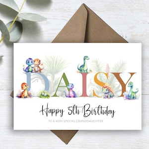 Cartão de aniversário personalizado impresso para qualquer idade, dinossauros fofos para bebês, filho, filha, sobrinha, sobrinho, etc.