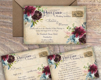 Printed Personalised Wedding Invitations, Floral Vintage Postcard, Mulberry burgundy floral,Packs of 10