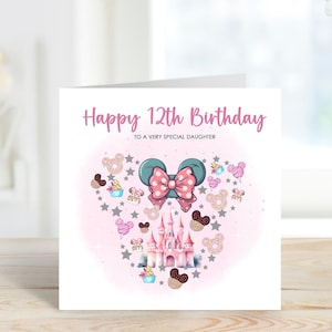 Biglietto di auguri di compleanno personalizzato con stampa "Regno Magico", "Castello Rosa", "Snack di Topolino", "Fiocco di Minnie", per qualsiasi età, figlia, nipote, sorella e nipote.