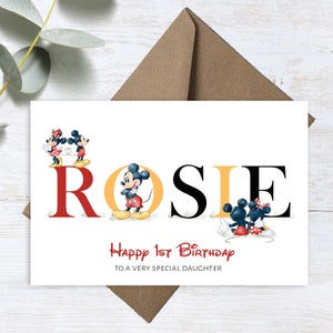 Carte d'anniversaire personnalisée imprimée pour tout âge, Mickey et Minnie, fille, nièce, soeur, petite-fille