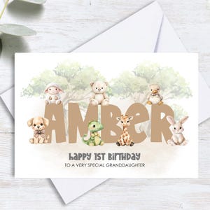 Carte d'anniversaire personnalisée imprimée pour tous les âges, animaux en peluche mignons, fils, fille, nièce, neveu, soeur, petite-fille, petit-fils