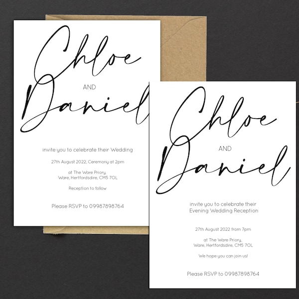 Printed Personalised Wedding Invitations Classic Minimal Black & White invites, Packs of 10