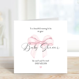 Cartão personalizado para chá de bebê - Laço rosa ou azul - Cartão de laço bonito em aquarela