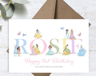 Personalised Printed ANY AGE Birthday Card Princesses Daughter Niece Sister Granddaughter