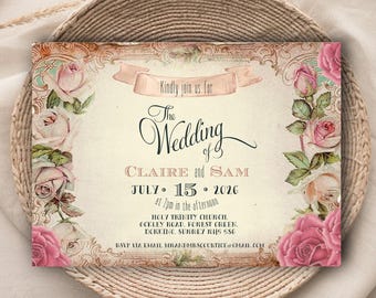 May include: Wedding invitation with a vintage floral design. The invitation reads "Kindly join us for The Wedding of Claire and Sam" and the date July 15, 2026. Includes RSVP information and the church address.