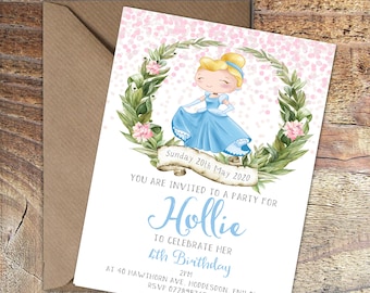 Printed Cinderella Birthday invitations, Any age invites, Watercolour wreath, Packs of 10