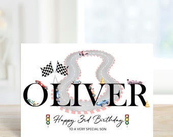 Personalised Printed ANY AGE Birthday Card, Race Car, Toy Car, Son Daughter Brother Grandson etc