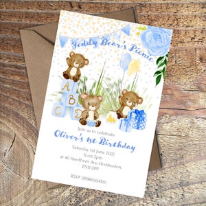 Printed 1st Birthday invitations Teddy Bears Picnic party, pink or blue packs of 10