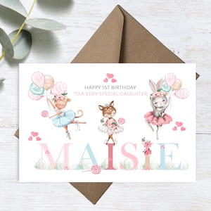Cartão de aniversário personalizado impresso para qualquer idade, animais fofos, coelhinha de balé, filha, sobrinha, irmã, neta