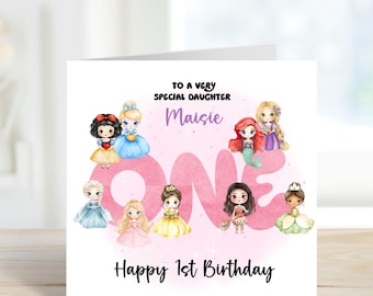 May include: A pink and white birthday card with a pink "ONE" surrounded by Disney princess characters. The card says "To a very special daughter Maisie Happy 1st Birthday".