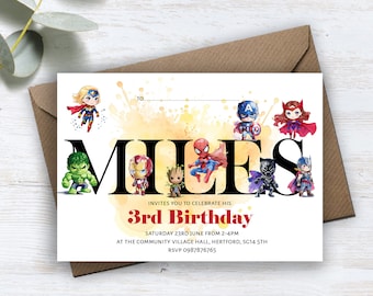May include: A white invitation card with a colorful watercolor background. The card features a large black text that says "MILES" with cartoon images of superheroes surrounding the text. The text "INVITES YOU TO CELEBRATE HIS 3rd BIRTHDAY" is below the name. The invitation details the date, time, and location of the party. RSVP information is also included.