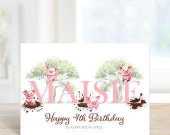 パーソナライズされた印刷されたあらゆる年齢の誕生日カードかわいい子豚娘姪っ子姉妹孫娘
