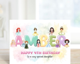 May include: A birthday card with the name "AMBER" in colorful bubble letters, decorated with princess illustrations. The text "HAPPY 4TH BIRTHDAY to a very special daughter" is also included.