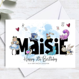 Carte d'anniversaire personnalisée Alice au pays des merveilles - nom sur la carte - tout âge - chat du Cheshire Alice lapin blanc, fils, fille, etc.