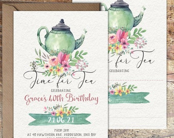 Printed Tea Party "Time for Tea" Birthday invitations, Personalised or blank invites, pack of 10