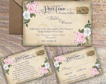 Printed Personalised Wedding Invitations, Floral Vintage Postcard, Pink and White Rose floral,Packs of 10