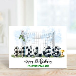 Carte d'anniversaire personnalisée imprimée but de football, tout âge NOM SUR LA CARTE fils fille nièce soeur petite-fille petit-fils etc.
