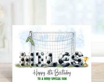 Personalised Printed Football Soccer Goal Birthday Card, Any Age NAME ON CARD Son Daughter Niece Sister Granddaughter Grandson etc