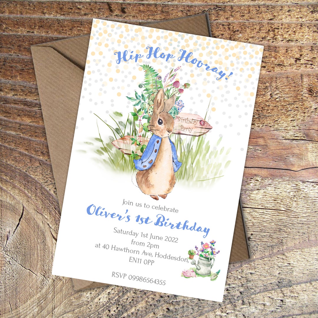 Printed Peter Rabbit 1st Birthday Invitations, Blue Peter Rabbit ...