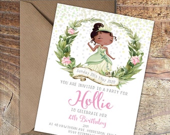 Printed Princess Tiana Birthday invitations, Any age invites, Watercolour wreath, Packs of 10