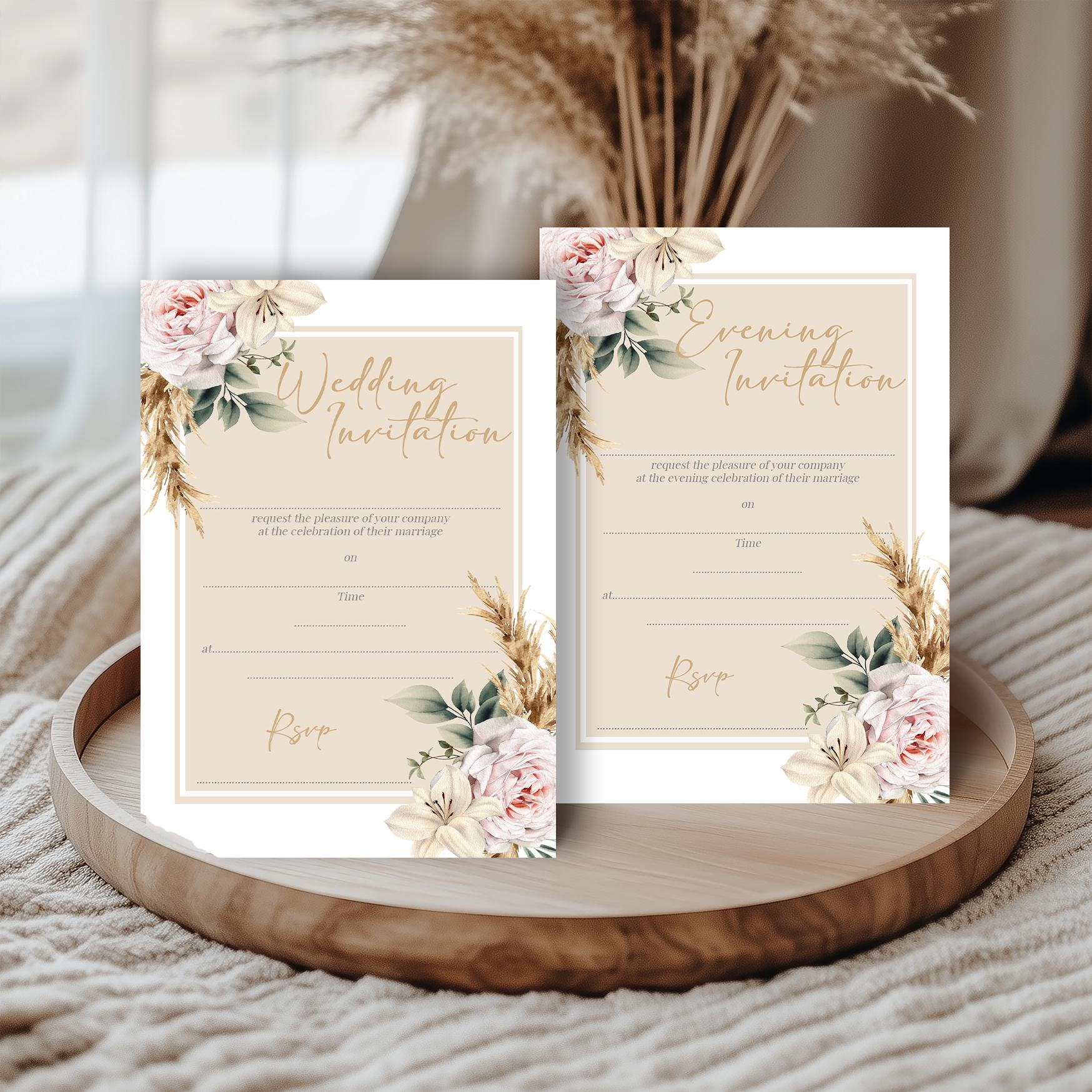 Invitaciones de boda impresas, invitaciones de noche, invitaciones florales  de Pampas y Rosa, invitaciones en blanco paquete de 10, image size:1748x1748