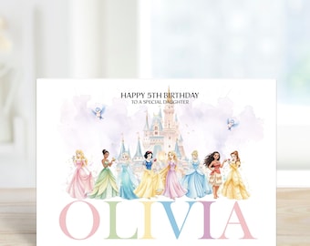 May include: A birthday card featuring watercolor illustrations of Disney princesses in colorful gowns. The card reads "Happy 5th Birthday to a Special Daughter" and includes the name "Olivia" in pastel letters.
