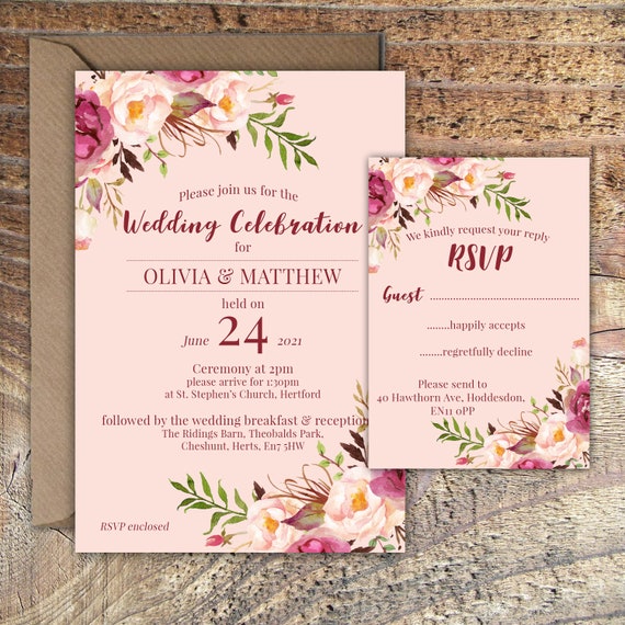 Printed Personalised Wedding Invitations Mulberry Peach floral invites Packs of 10