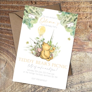 Printed Winnie the Pooh and Piglet 1st Birthday invitations,Teddy Bears Picnic Party invites packs of 10
