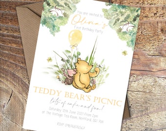 Printed Winnie the Pooh and Piglet 1st Birthday invitations,Teddy Bears Picnic Party invites packs of 10