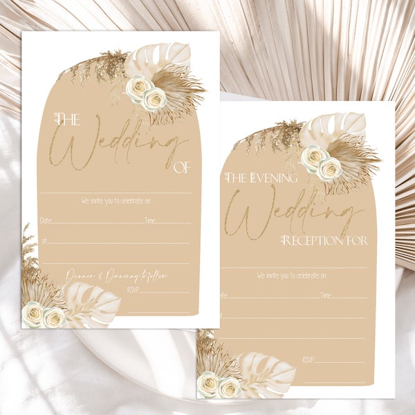 Blank Wedding Invitations Evening Invitations, Natural Pampas Beige Boho, blank invites pack of 10