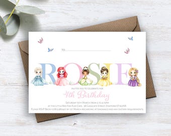 Printed Princesses Birthday invitations,Kids Children Boy Girl Any age invites, Packs of 10