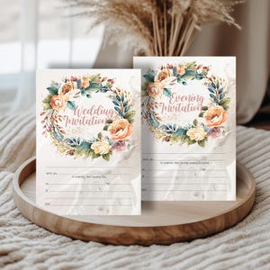 Gedruckte leere Hochzeitseinladungen Abendeinladungen, Pfirsich- und Elfenbeinrosenkranz, Blumeneinladungen, leere lädt Satz mit 10 ein