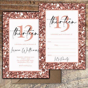 Printed 13th Birthday invitations,Rose Gold Glitter effect, Personalised or blank invites, pack of 10