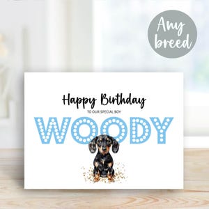 Carte d'anniversaire personnalisée imprimée pour chien - teckel chien saucisse - pour votre chien ou chiot - rose ou bleu - n'importe quelle race