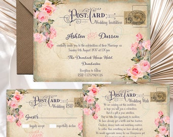 Bedrukte gepersonaliseerde huwelijksuitnodigingen, bloemen vintage ansichtkaart, roze Blush Rose bloemen, verpakkingen van 10