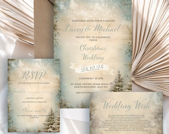 Printed Personalised Wedding Invitations, Vintage Rustic Christmas Wedding,Shabby Chic Packs of 10