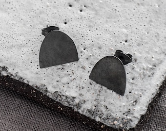 Semi Oval Oxidised Earrings, Cute Studs, Eco Sterling Earrings, Contemporary Earrings, Minimal earrings, Black studs