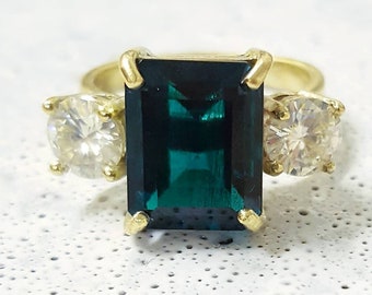 GOLD EMERALD engagement ring, emerald and mossanite, handmade engagement ring, statement engagement ring, vegan engagement ring, vegan, ring