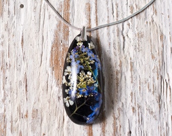 flower pendant - black resin & sterling silver