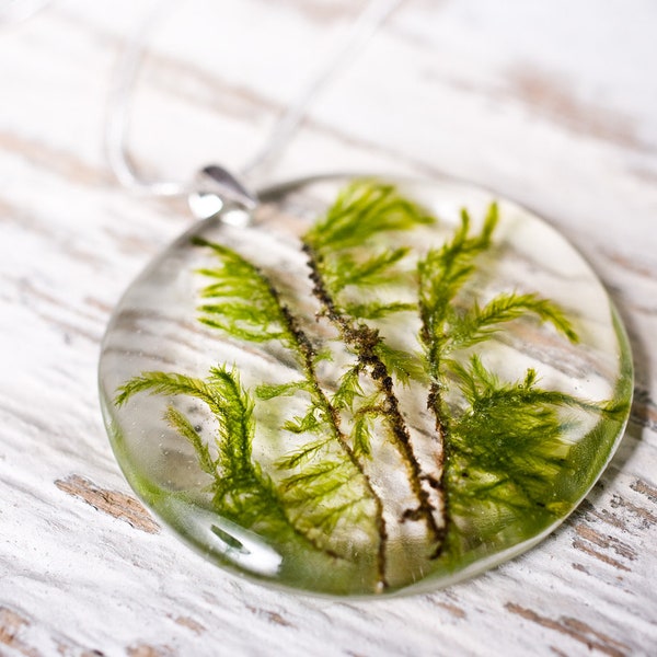 Delicate resin pendant with real moss