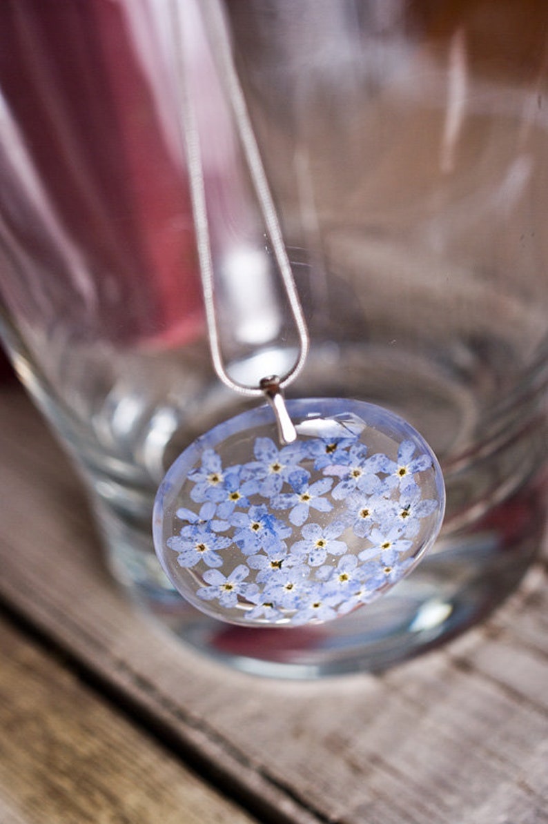 Delicate resin pendant with blue forget me nots image 4